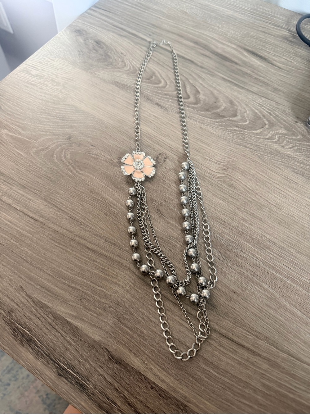 Silver Multi-Chain Necklace with Pink Flower Pendant